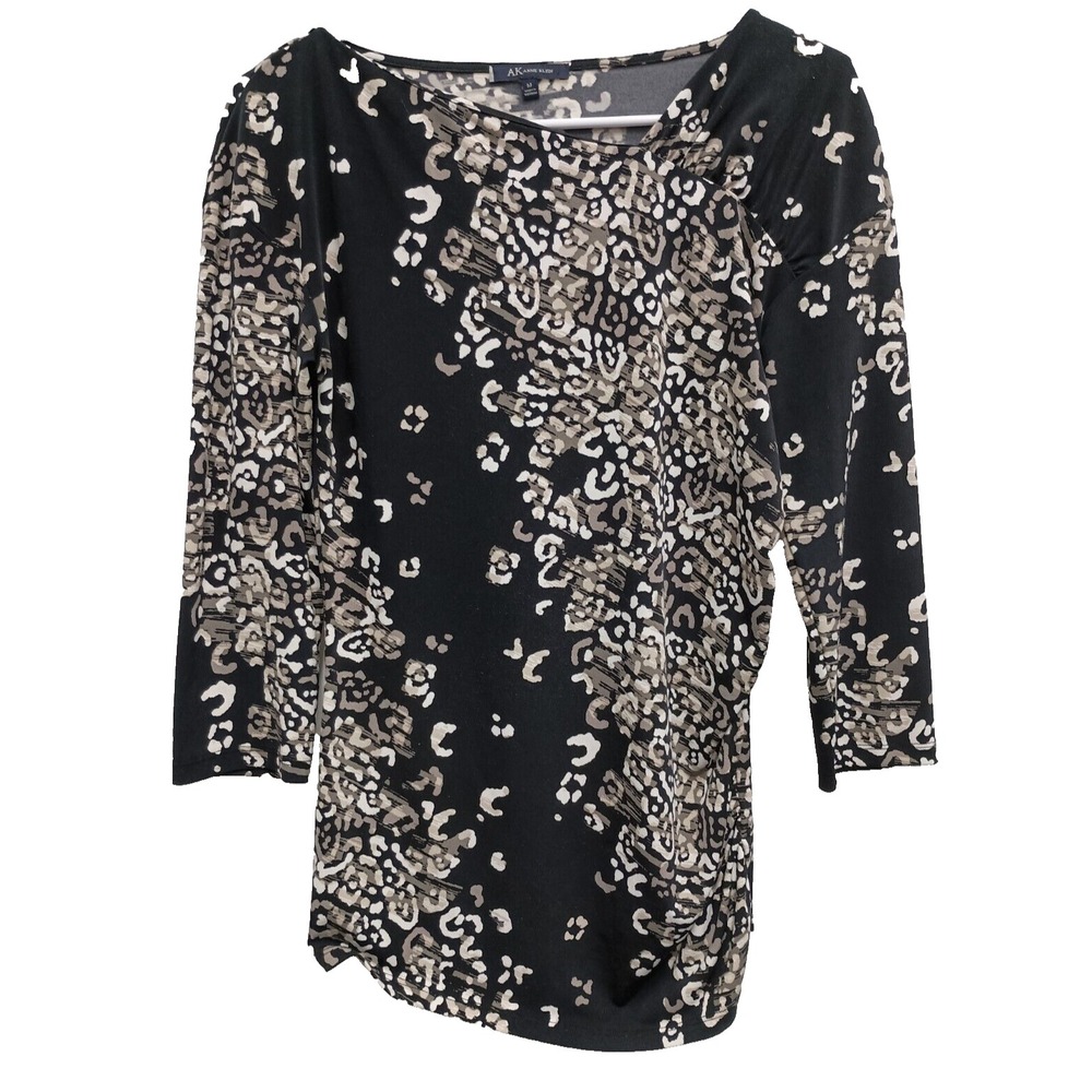 AK Anne Klein Top Womens Size Medium Black Cream Animal Print 3/4 Sleeve Office